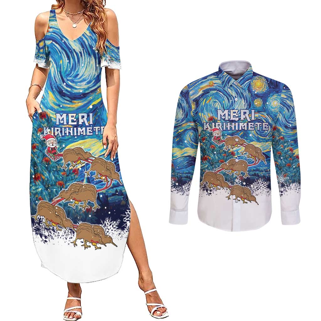 New Zealand Christmas Couples Matching Summer Maxi Dress and Long Sleeve Button Shirt Kiwis Santa Sleigh Starry Night Style LT05 Blue - Polynesian Pride
