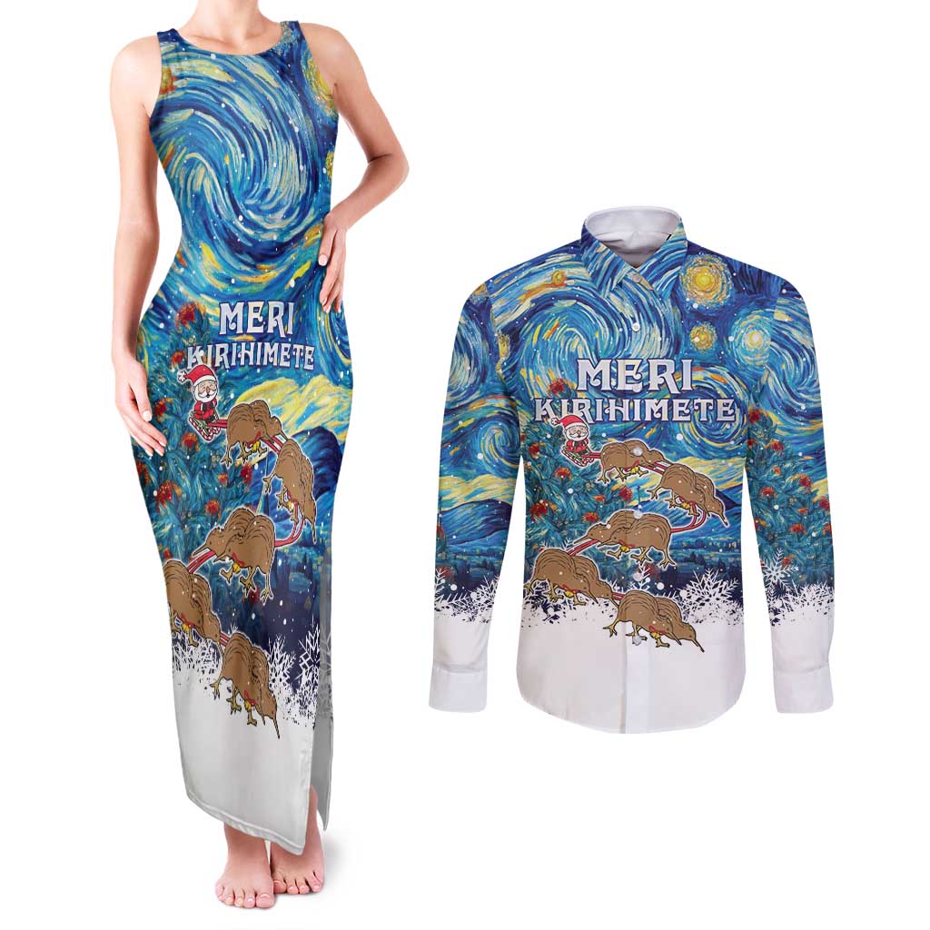New Zealand Christmas Couples Matching Tank Maxi Dress and Long Sleeve Button Shirt Kiwis Santa Sleigh Starry Night Style LT05 Blue - Polynesian Pride