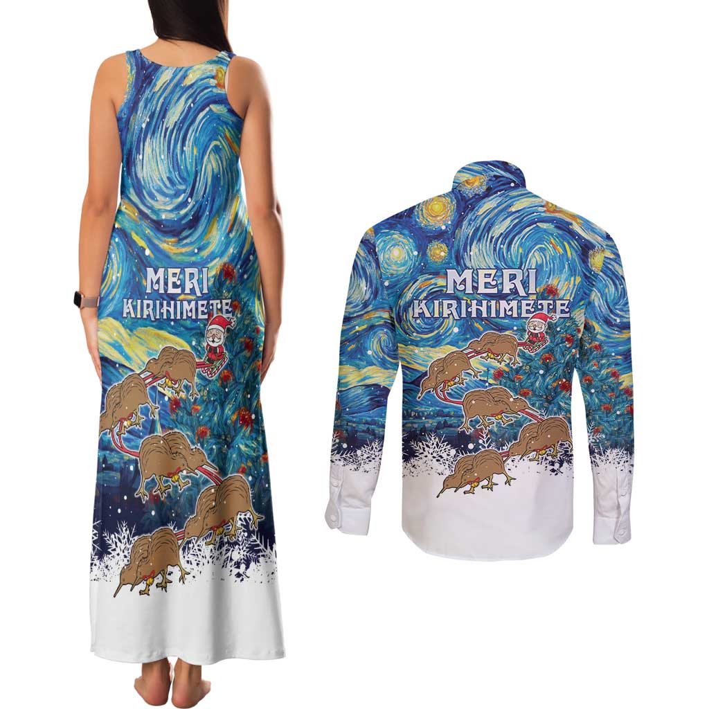 New Zealand Christmas Couples Matching Tank Maxi Dress and Long Sleeve Button Shirt Kiwis Santa Sleigh Starry Night Style LT05 - Polynesian Pride