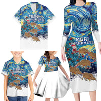 New Zealand Christmas Family Matching Long Sleeve Bodycon Dress and Hawaiian Shirt Kiwis Santa Sleigh Starry Night Style LT05 - Polynesian Pride