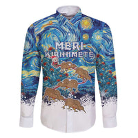 New Zealand Christmas Family Matching Mermaid Dress and Hawaiian Shirt Kiwis Santa Sleigh Starry Night Style LT05 Dad's Shirt - Long Sleeve Blue - Polynesian Pride