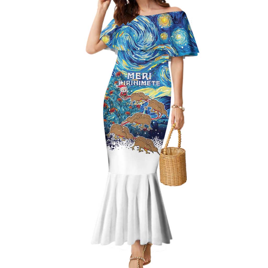 New Zealand Christmas Family Matching Mermaid Dress and Hawaiian Shirt Kiwis Santa Sleigh Starry Night Style LT05 Mom's Dress Blue - Polynesian Pride