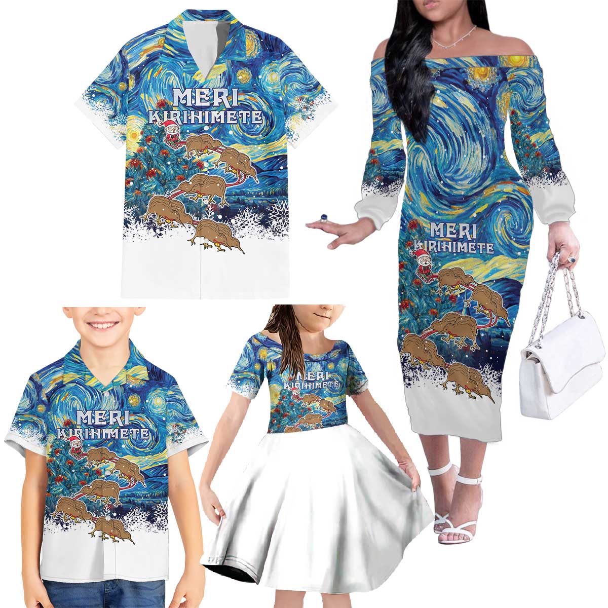 New Zealand Christmas Family Matching Off The Shoulder Long Sleeve Dress and Hawaiian Shirt Kiwis Santa Sleigh Starry Night Style LT05 - Polynesian Pride
