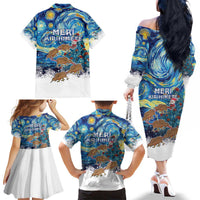 New Zealand Christmas Family Matching Off The Shoulder Long Sleeve Dress and Hawaiian Shirt Kiwis Santa Sleigh Starry Night Style LT05 - Polynesian Pride