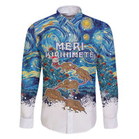 New Zealand Christmas Family Matching Off The Shoulder Long Sleeve Dress and Hawaiian Shirt Kiwis Santa Sleigh Starry Night Style LT05 Dad's Shirt - Long Sleeve Blue - Polynesian Pride