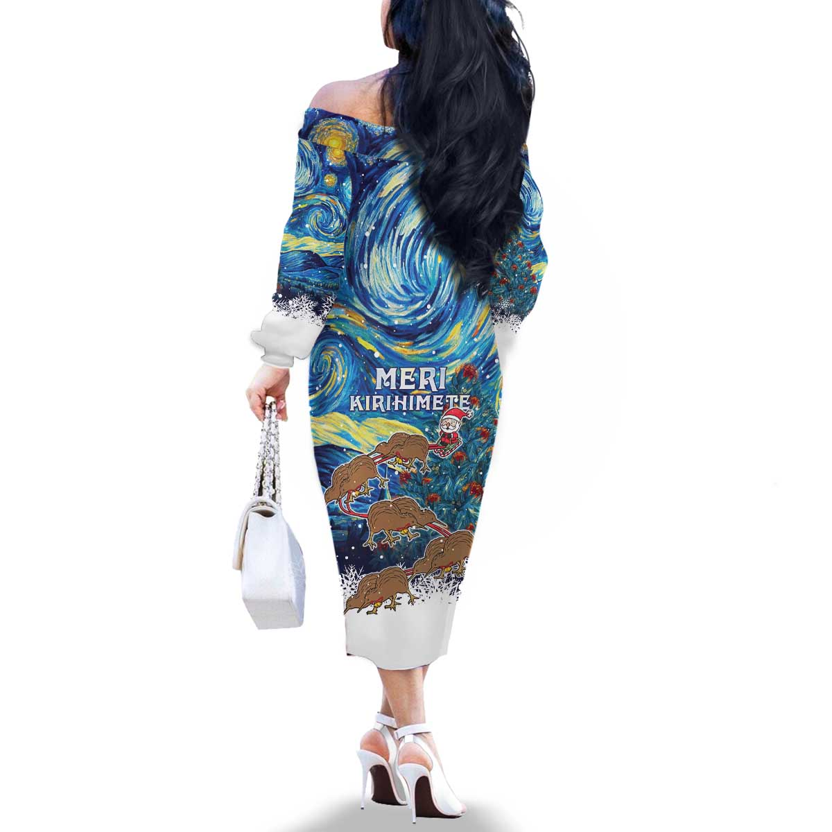 New Zealand Christmas Family Matching Off The Shoulder Long Sleeve Dress and Hawaiian Shirt Kiwis Santa Sleigh Starry Night Style LT05 - Polynesian Pride