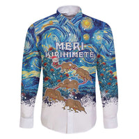 New Zealand Christmas Family Matching Puletasi and Hawaiian Shirt Kiwis Santa Sleigh Starry Night Style LT05 Dad's Shirt - Long Sleeve Blue - Polynesian Pride