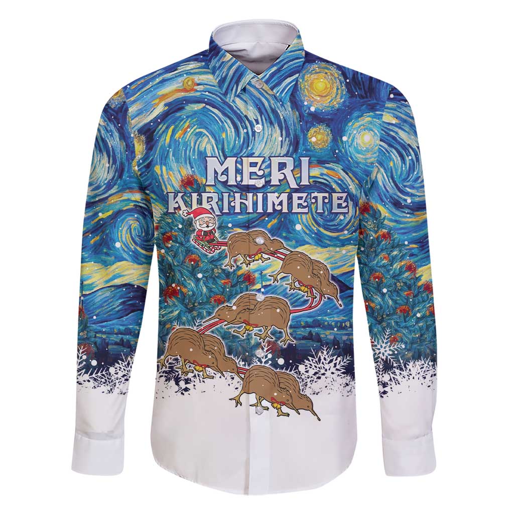 New Zealand Christmas Family Matching Short Sleeve Bodycon Dress and Hawaiian Shirt Kiwis Santa Sleigh Starry Night Style LT05 Dad's Shirt - Long Sleeve Blue - Polynesian Pride