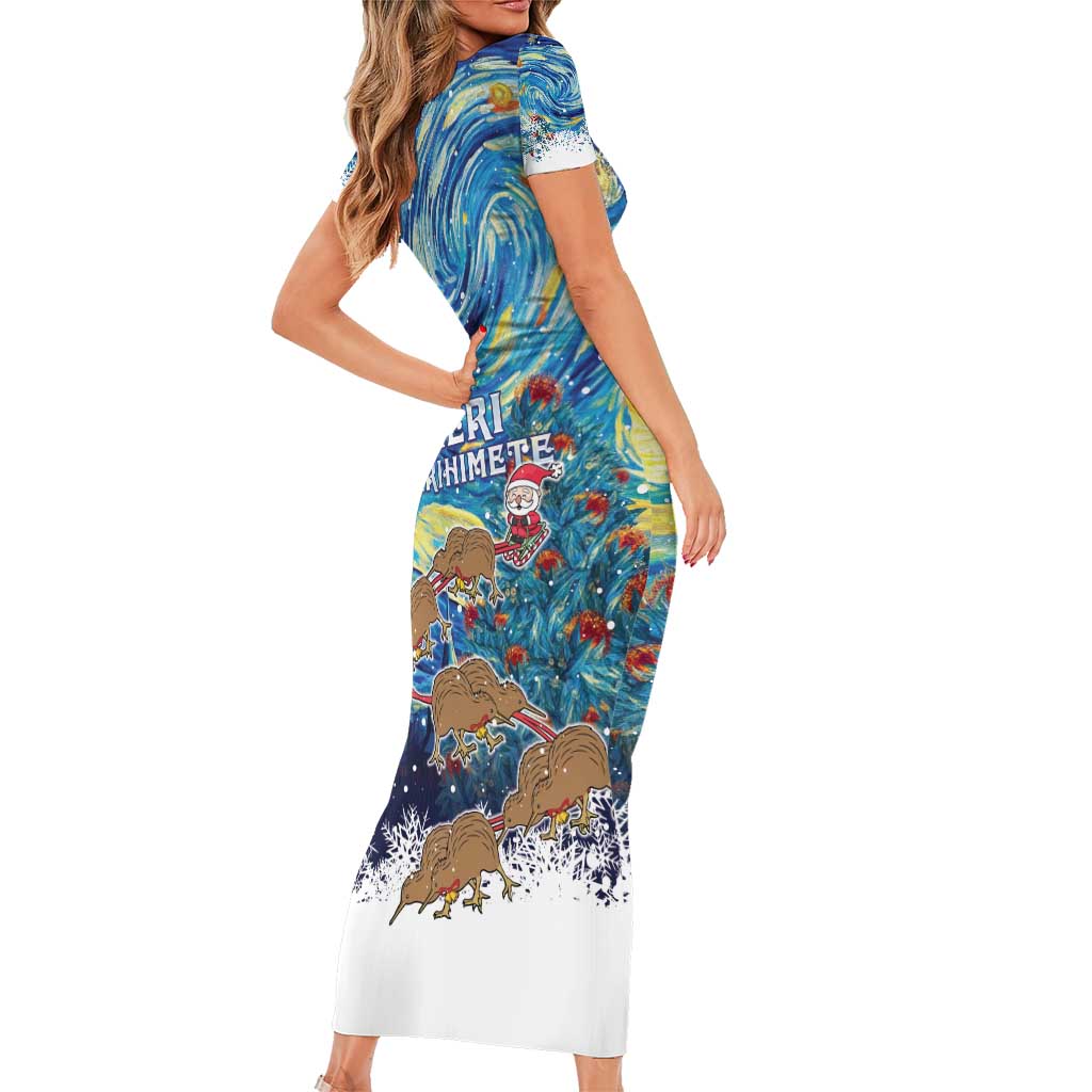 New Zealand Christmas Family Matching Short Sleeve Bodycon Dress and Hawaiian Shirt Kiwis Santa Sleigh Starry Night Style LT05 - Polynesian Pride