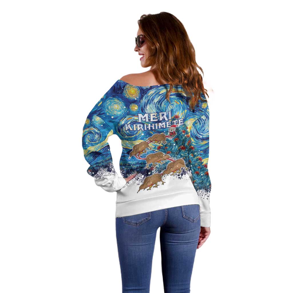New Zealand Christmas Off Shoulder Sweater Kiwis Santa Sleigh Starry Night Style