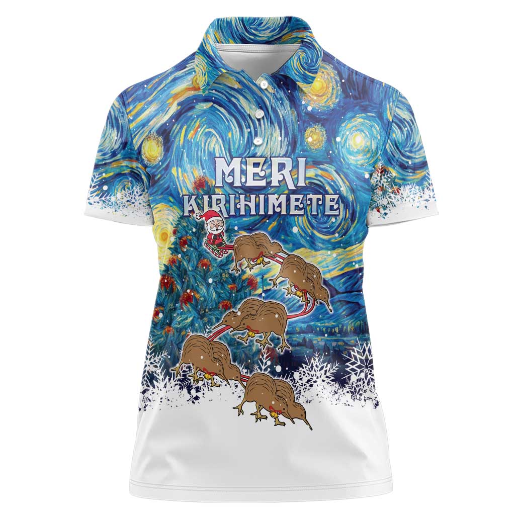 New Zealand Christmas Women Polo Shirt Kiwis Santa Sleigh Starry Night Style LT05 Female Blue - Polynesian Pride