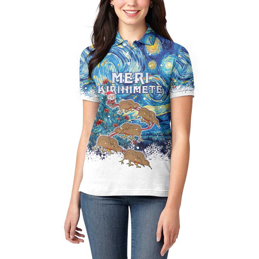 New Zealand Christmas Women Polo Shirt Kiwis Santa Sleigh Starry Night Style LT05 - Polynesian Pride
