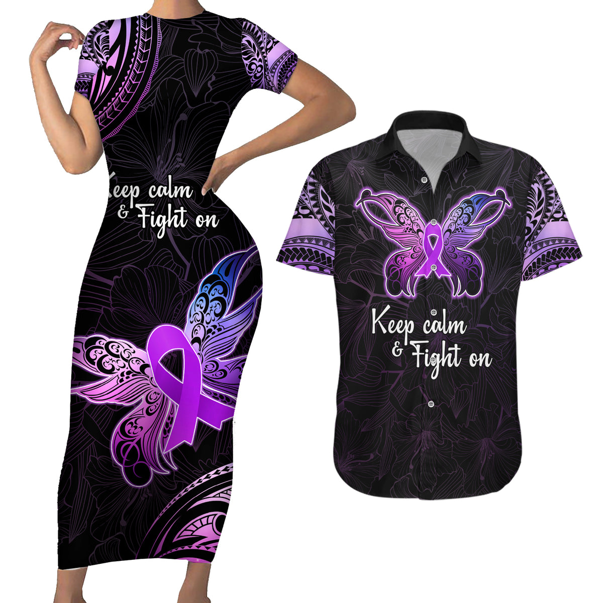 Pancreatic Cancer Awareness Couples Matching Short Sleeve Bodycon Dress and Hawaiian Shirt Keep Calm And Fight On Polynesian Pattern LT05 Purple - Polynesian Pride