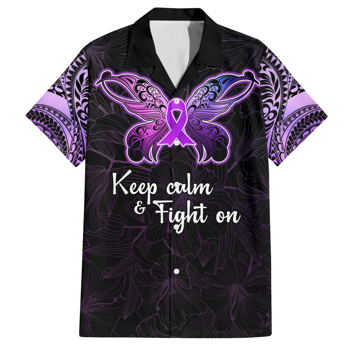 Pancreatic Cancer Awareness Family Matching Long Sleeve Bodycon Dress and Hawaiian Shirt Keep Calm And Fight On Polynesian Pattern LT05 Dad's Shirt - Short Sleeve Purple - Polynesian Pride