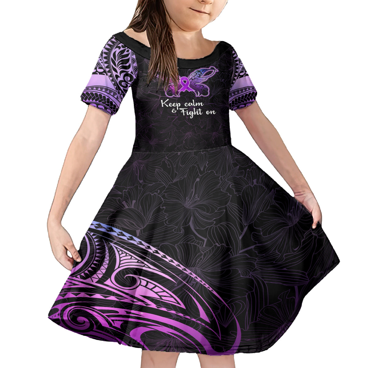 Pancreatic Cancer Awareness Family Matching Summer Maxi Dress and Hawaiian Shirt Keep Calm And Fight On Polynesian Pattern LT05 Daughter's Dress Purple - Polynesian Pride