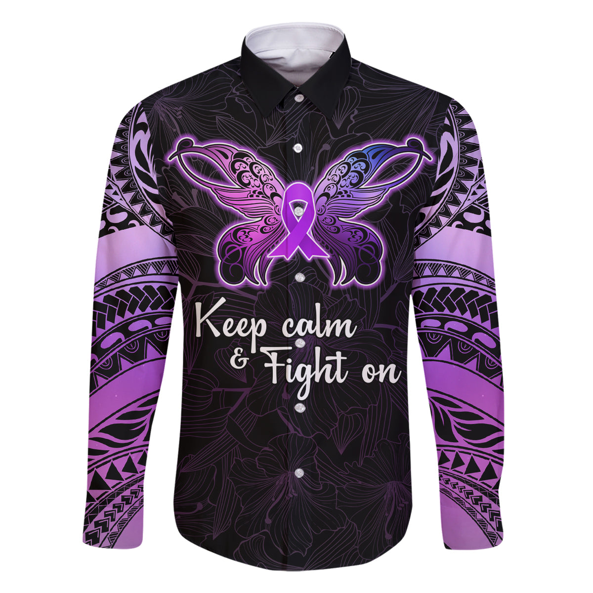 Pancreatic Cancer Awareness Family Matching Summer Maxi Dress and Hawaiian Shirt Keep Calm And Fight On Polynesian Pattern LT05 Dad's Shirt - Long Sleeve Purple - Polynesian Pride
