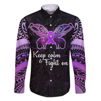 Pancreatic Cancer Awareness Family Matching Summer Maxi Dress and Hawaiian Shirt Keep Calm And Fight On Polynesian Pattern LT05 Dad's Shirt - Long Sleeve Purple - Polynesian Pride
