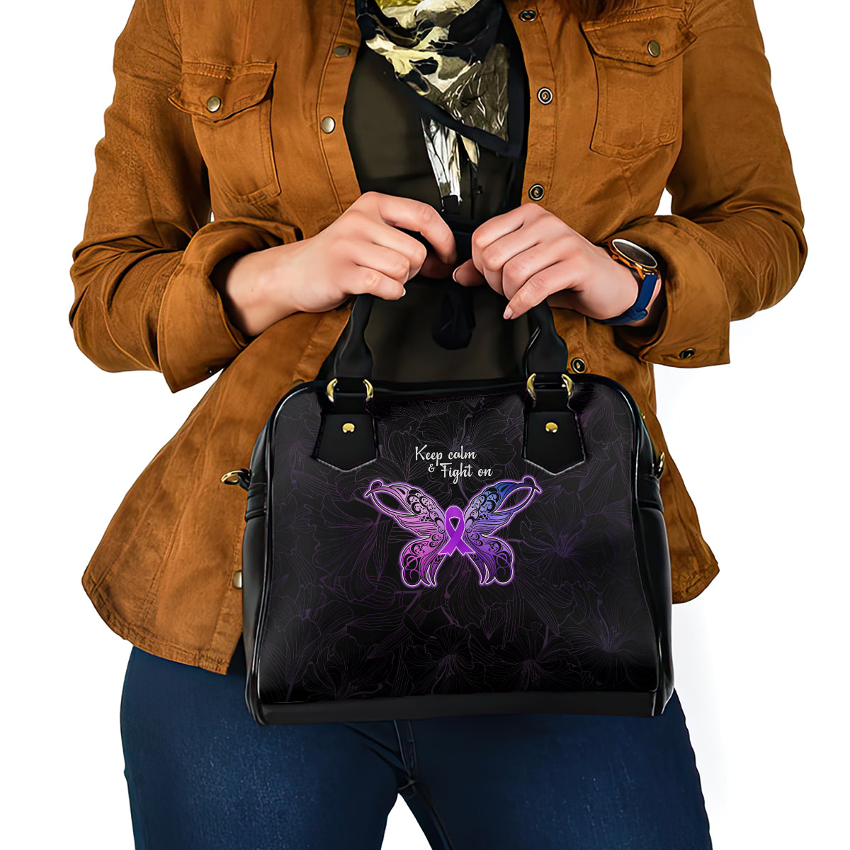 Pancreatic Cancer Awareness Shoulder Handbag Keep Calm And Fight On Polynesian Pattern LT05 - Polynesian Pride