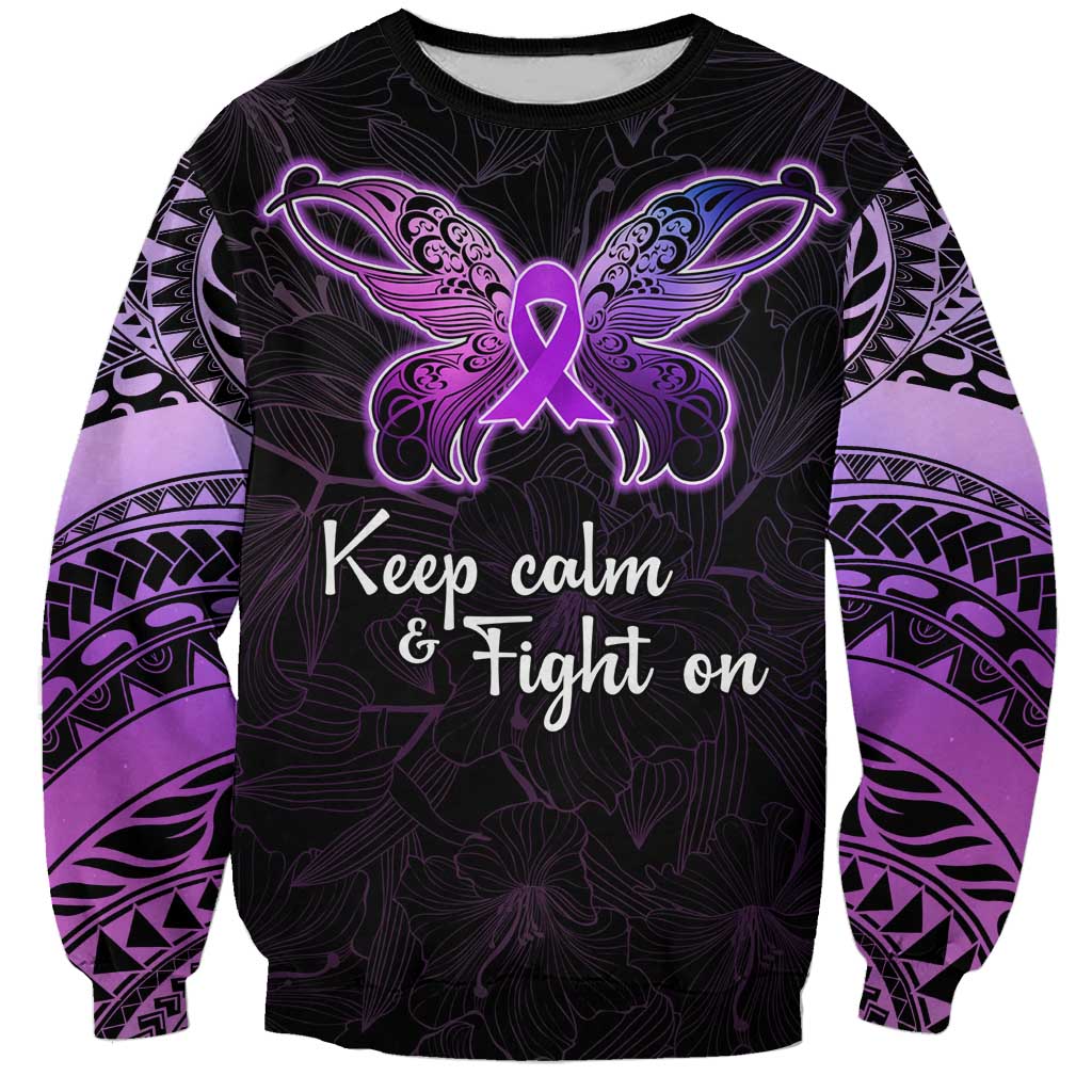Sweatshirt with purple butterfly and ribbon design, text 'Keep calm & Fight on' on a black background