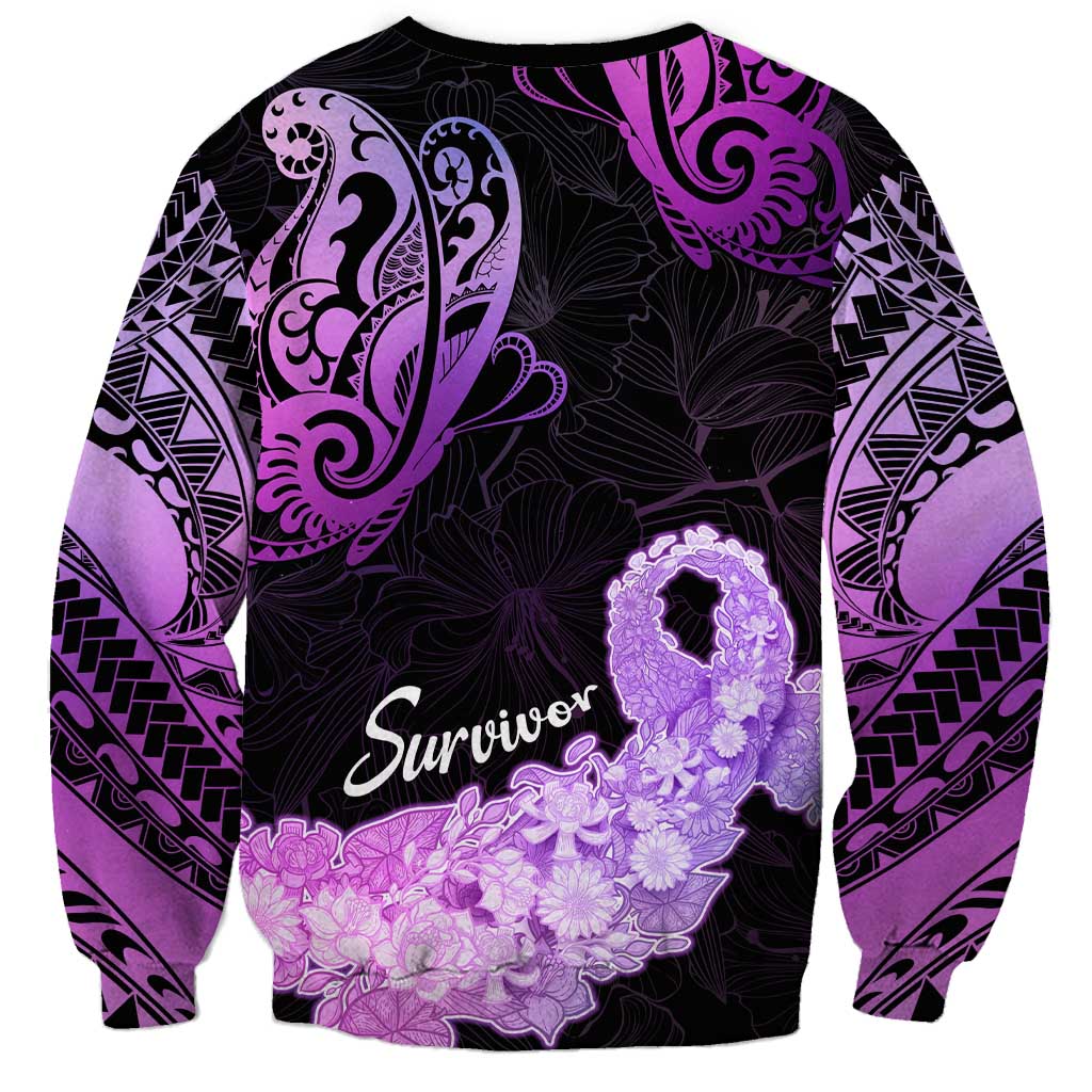Sweatshirt with purple and black patterns and a 'Survivor' ribbon design on a white background