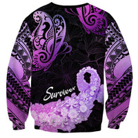 Sweatshirt with purple and black patterns and a 'Survivor' ribbon design on a white background