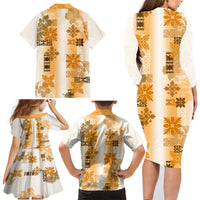 Hawaiian Quilt Family Matching Long Sleeve Bodycon Dress and Hawaiian Shirt Vintage Pattern Brown LT05 - Polynesian Pride