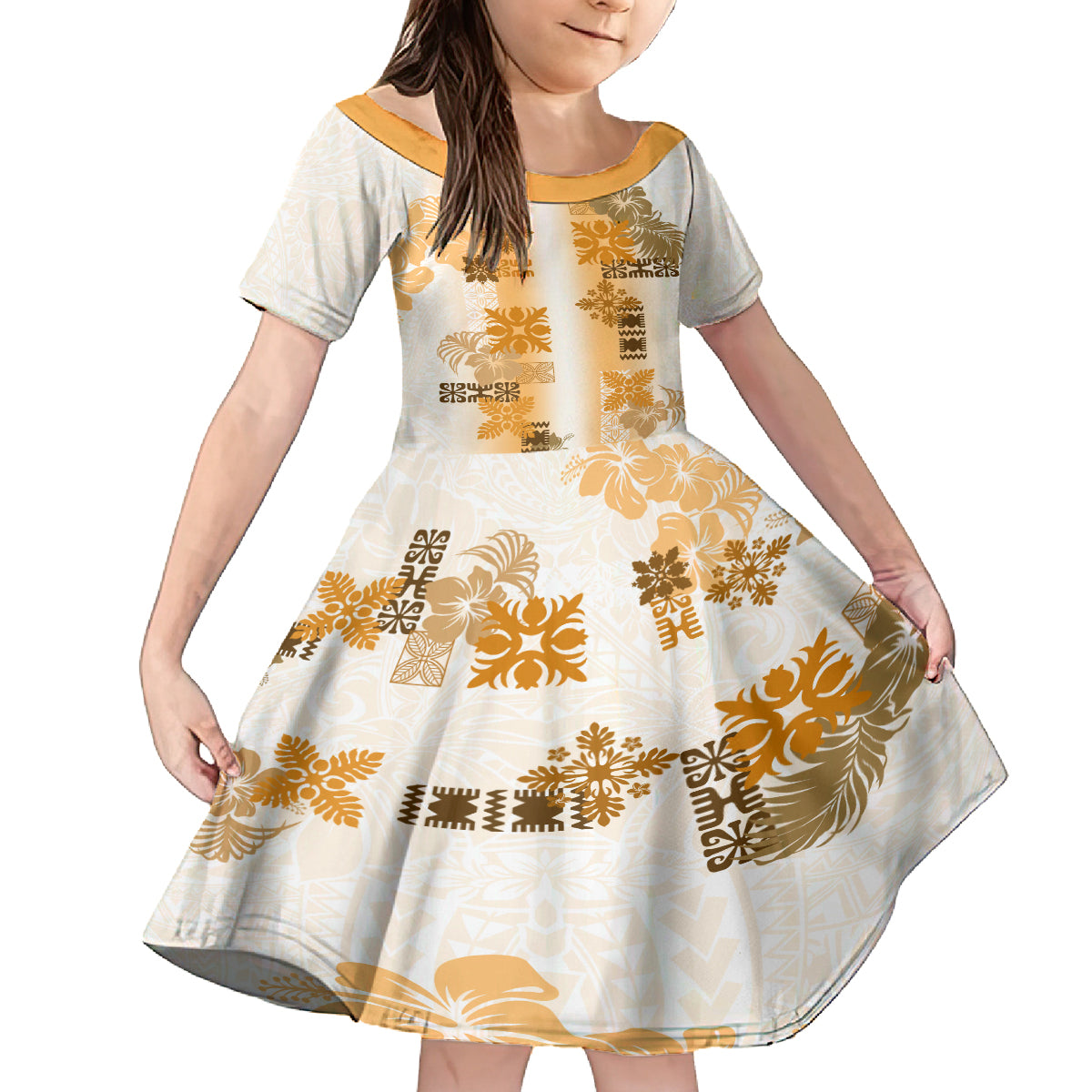Hawaiian Quilt Family Matching Tank Maxi Dress and Hawaiian Shirt Vintage Pattern Brown LT05 Daughter's Dress Brown - Polynesian Pride