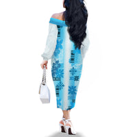Hawaiian Quilt Family Matching Off Shoulder Long Sleeve Dress and Hawaiian Shirt Vintage Pattern Blue LT05 - Polynesian Pride