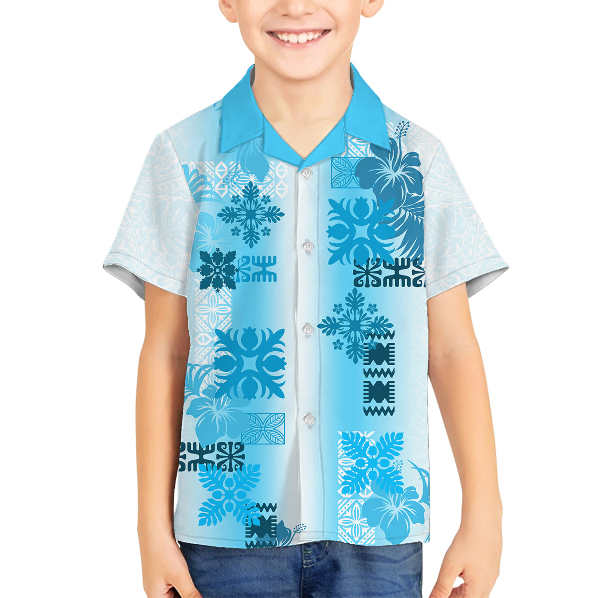 Hawaiian Quilt Family Matching Off Shoulder Maxi Dress and Hawaiian Shirt Vintage Pattern Blue LT05 Son's Shirt Blue - Polynesian Pride
