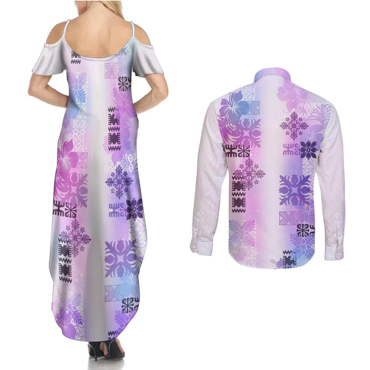 Hawaiian Quilt Couples Matching Summer Maxi Dress and Long Sleeve Button Shirt Vintage Pattern Galaxy LT05 - Polynesian Pride