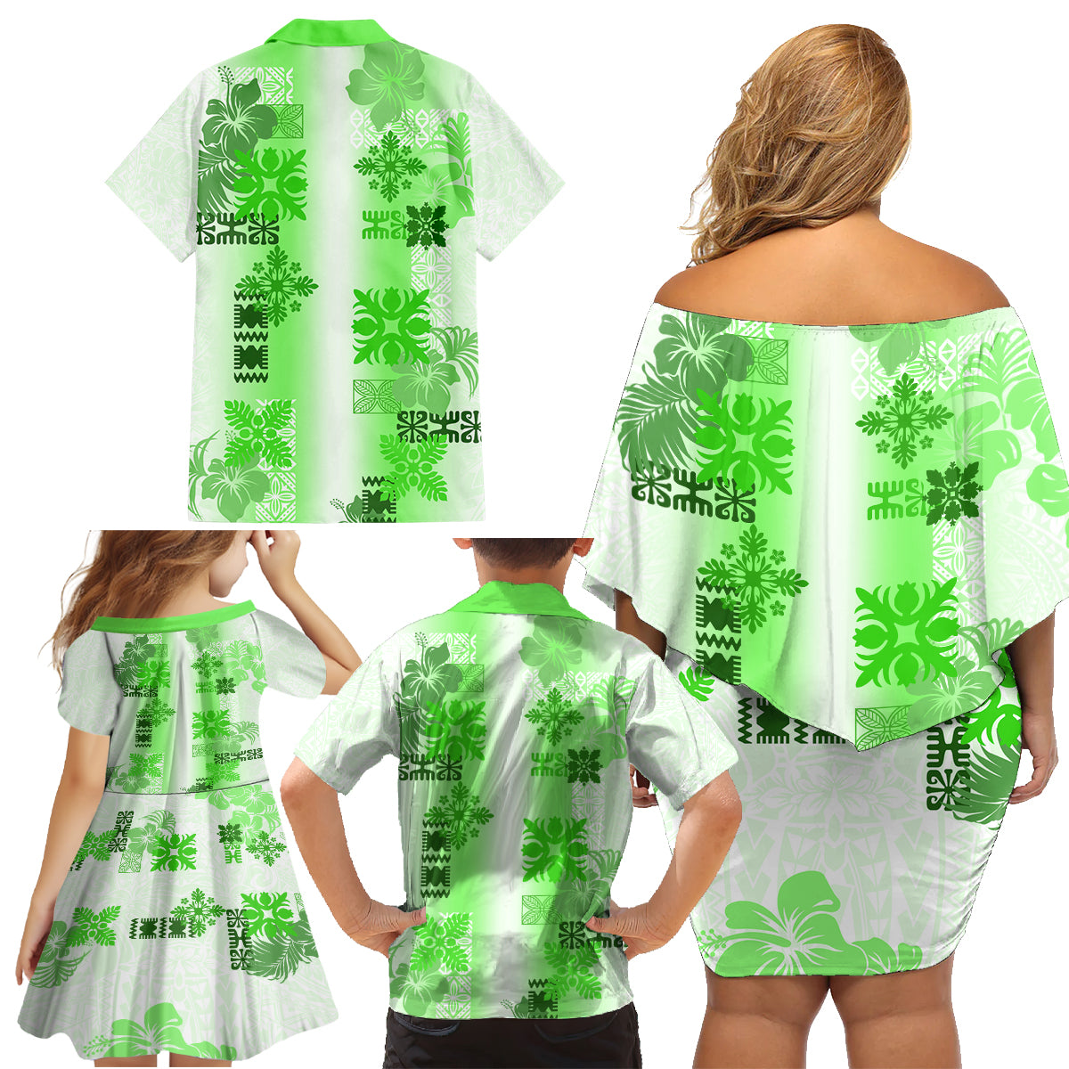 Hawaiian Quilt Family Matching Off Shoulder Short Dress and Hawaiian Shirt Vintage Pattern Green LT05 - Polynesian Pride