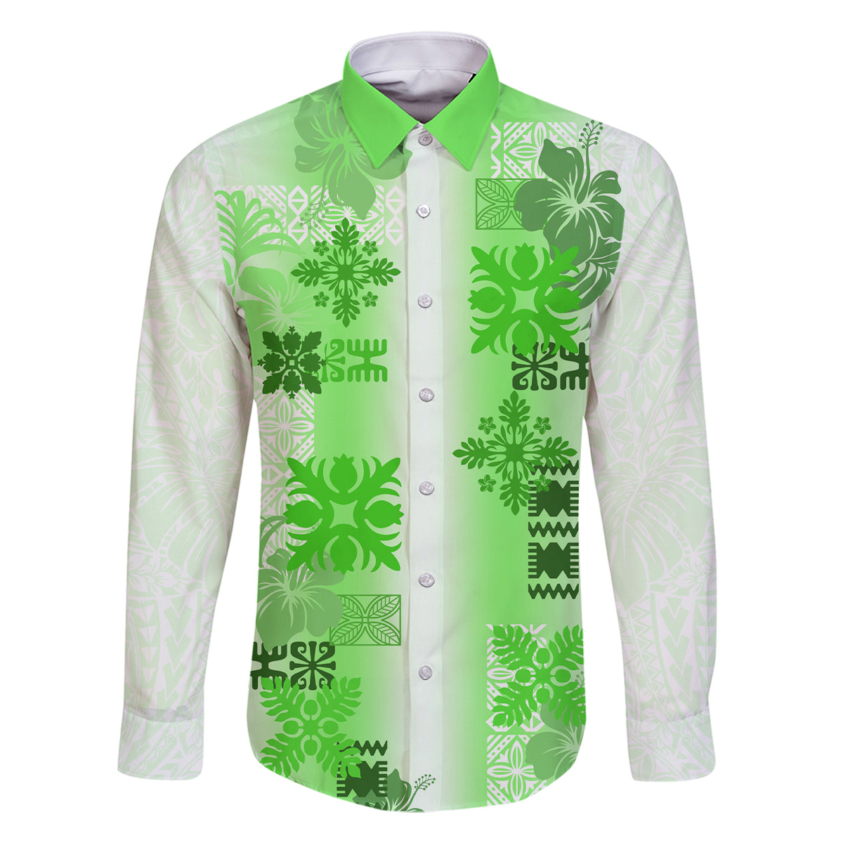 Hawaiian Quilt Family Matching Off Shoulder Short Dress and Hawaiian Shirt Vintage Pattern Green LT05 Dad's Shirt - Long Sleeve Green - Polynesian Pride