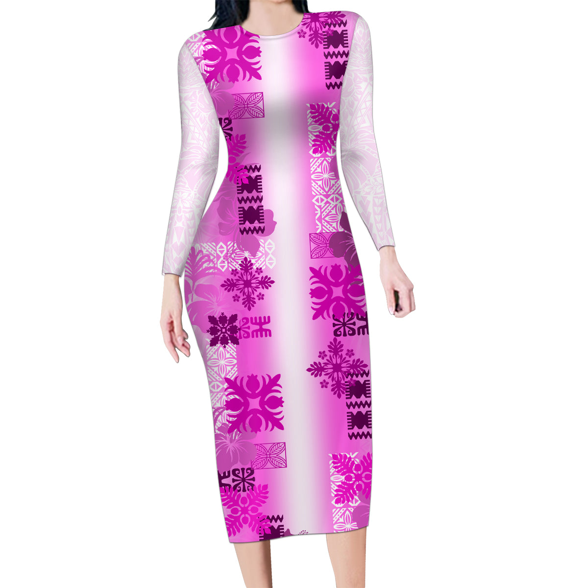 Hawaiian Quilt Family Matching Long Sleeve Bodycon Dress and Hawaiian Shirt Vintage Pattern Pink LT05 Mom's Dress Pink - Polynesian Pride