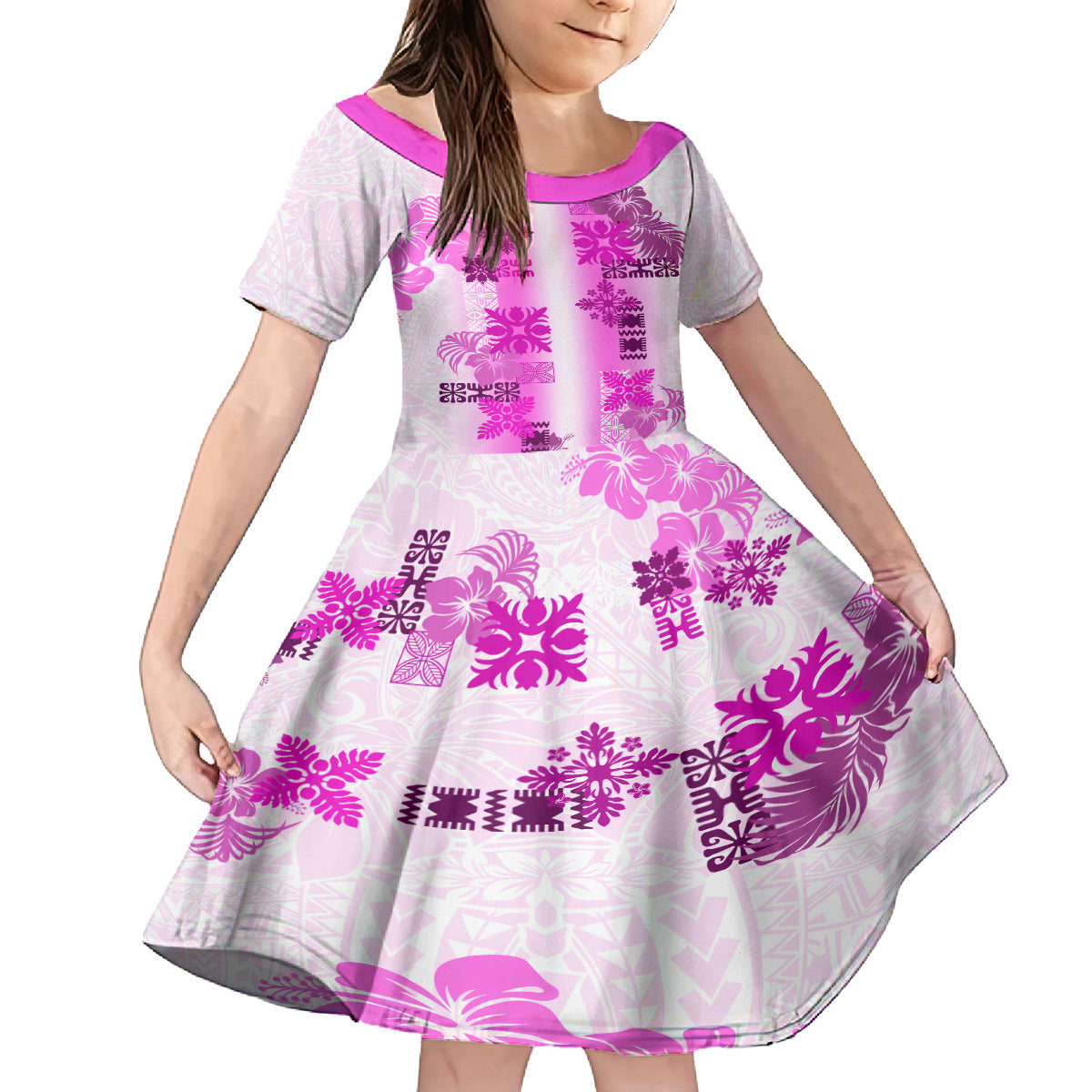 Hawaiian Quilt Family Matching Tank Maxi Dress and Hawaiian Shirt Vintage Pattern Pink LT05 Daughter's Dress Pink - Polynesian Pride