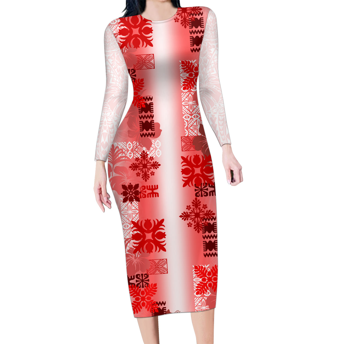Hawaiian Quilt Family Matching Long Sleeve Bodycon Dress and Hawaiian Shirt Vintage Pattern Red LT05 Mom's Dress Red - Polynesian Pride