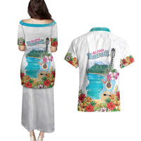 Aloha Hawaii Waikiki Beach Landscape Couples Matching Puletasi and Hawaiian Shirt