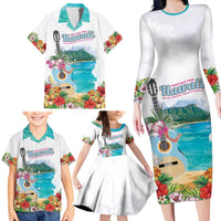 Aloha Hawaii Waikiki Beach Landscape Family Matching Long Sleeve Bodycon Dress and Hawaiian Shirt LT05 - Polynesian Pride