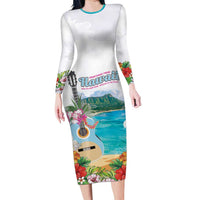 Aloha Hawaii Waikiki Beach Landscape Family Matching Long Sleeve Bodycon Dress and Hawaiian Shirt LT05 Mom's Dress White - Polynesian Pride