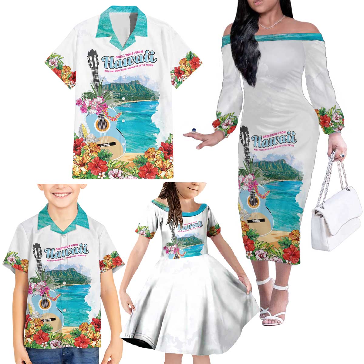 Aloha Hawaii Waikiki Beach Landscape Family Matching Off The Shoulder Long Sleeve Dress and Hawaiian Shirt LT05 - Polynesian Pride