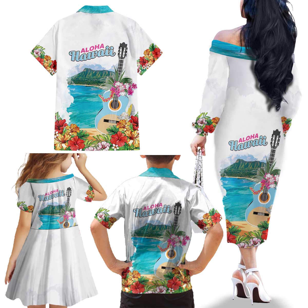 Aloha Hawaii Waikiki Beach Landscape Family Matching Off The Shoulder Long Sleeve Dress and Hawaiian Shirt LT05 - Polynesian Pride