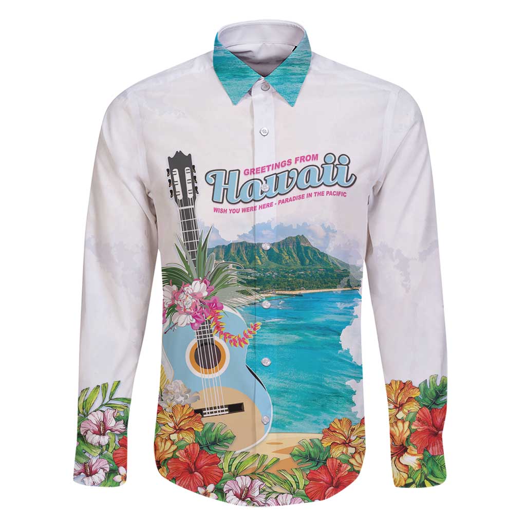 Aloha Hawaii Waikiki Beach Landscape Family Matching Off Shoulder Short Dress and Hawaiian Shirt LT05 Dad's Shirt - Long Sleeve White - Polynesian Pride