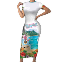 Aloha Hawaii Waikiki Beach Landscape Family Matching Short Sleeve Bodycon Dress and Hawaiian Shirt LT05 Mom's Dress White - Polynesian Pride