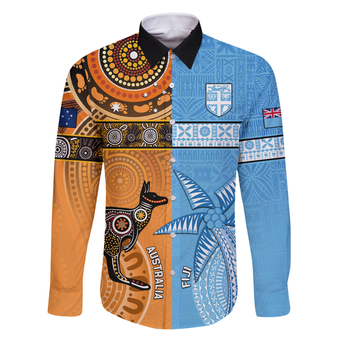 Custom Fiji Tapa And Australia Aboriginal Together Family Matching Mermaid Dress and Hawaiian Shirt LT05 Dad's Shirt - Long Sleeve Blue - Polynesian Pride