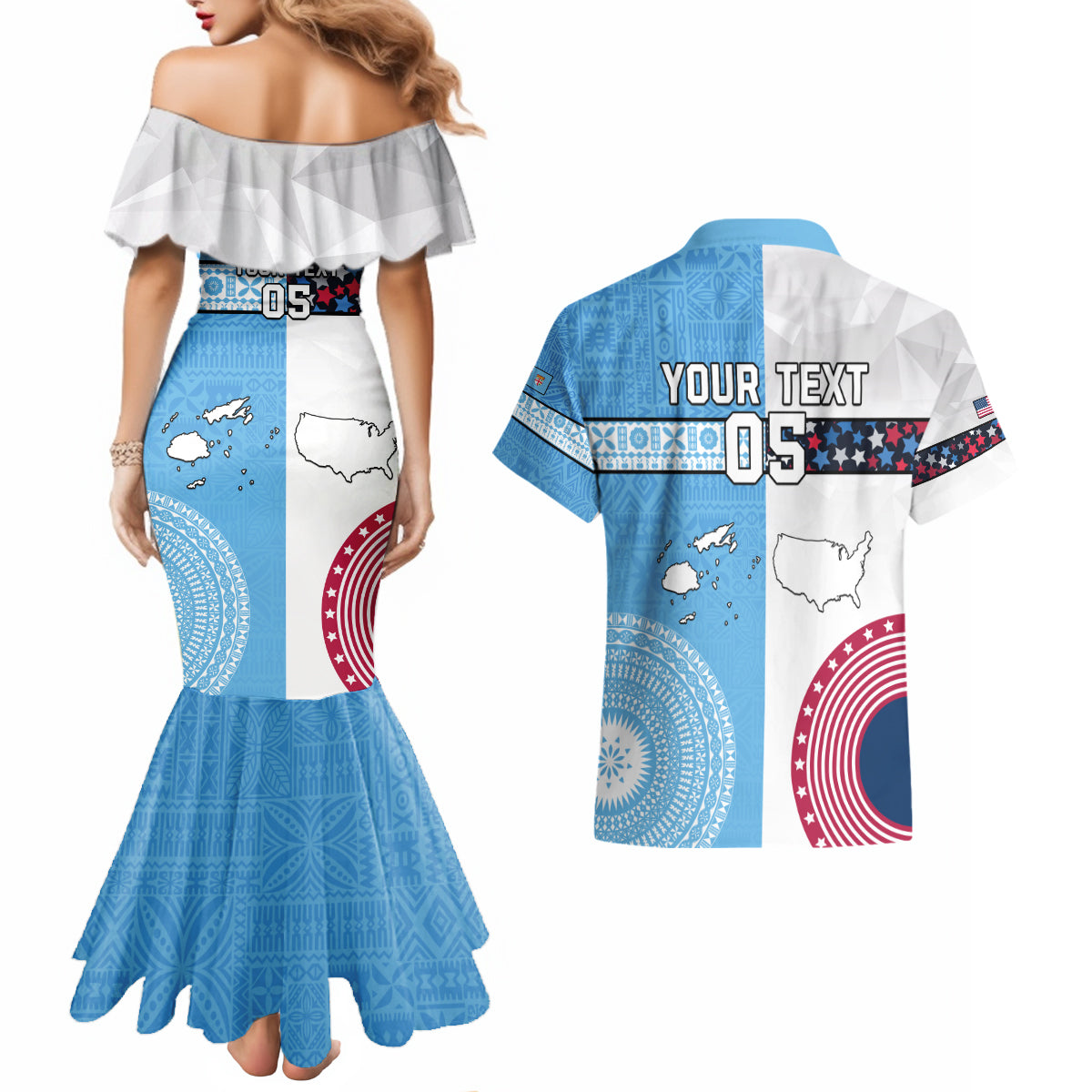 Custom Fiji And USA Palm Tree With Eagle Couples Matching Mermaid Dress and Hawaiian Shirt LT05 - Polynesian Pride