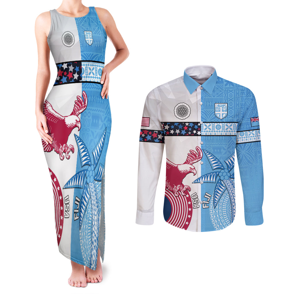 Custom Fiji And USA Palm Tree With Eagle Couples Matching Tank Maxi Dress and Long Sleeve Button Shirt LT05 Blue - Polynesian Pride