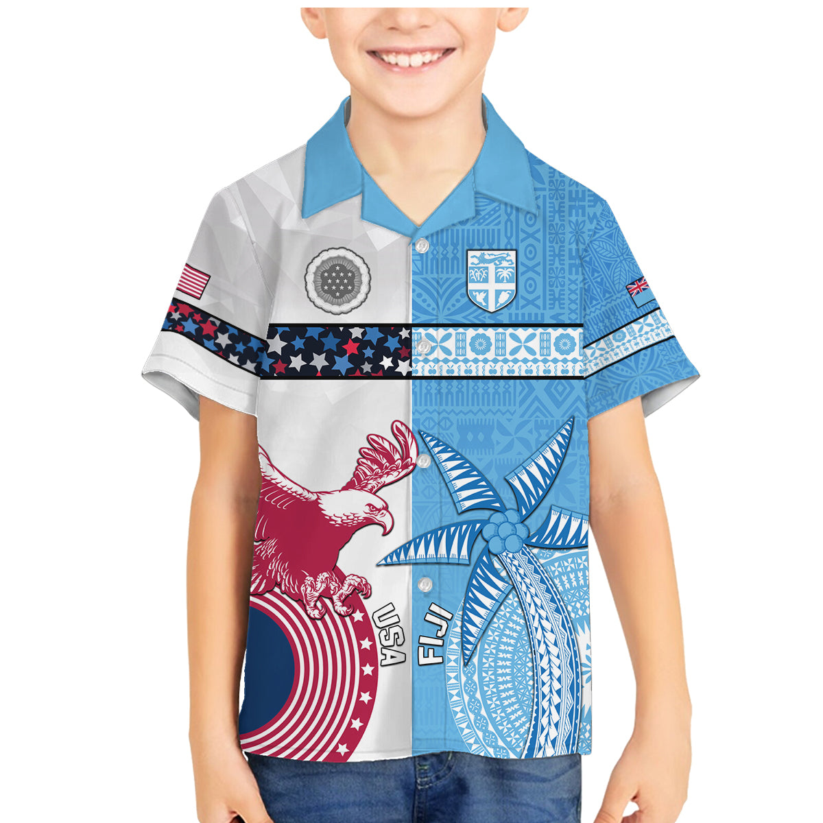 Custom Fiji And USA Palm Tree With Eagle Family Matching Mermaid Dress and Hawaiian Shirt LT05 Son's Shirt Blue - Polynesian Pride