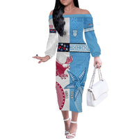 Custom Fiji And USA Palm Tree With Eagle Family Matching Off Shoulder Long Sleeve Dress and Hawaiian Shirt LT05 Mom's Dress Blue - Polynesian Pride