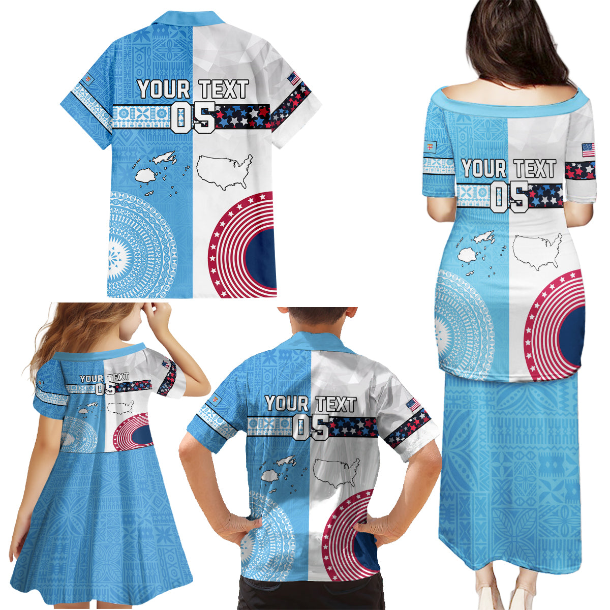Custom Fiji And USA Palm Tree With Eagle Family Matching Puletasi Dress and Hawaiian Shirt LT05 - Polynesian Pride