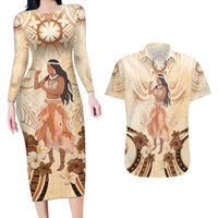 Tonga Women's Day Couples Matching Long Sleeve Bodycon Dress and Hawaiian Shirt With Polynesian Pattern LT05 Beige - Polynesian Pride