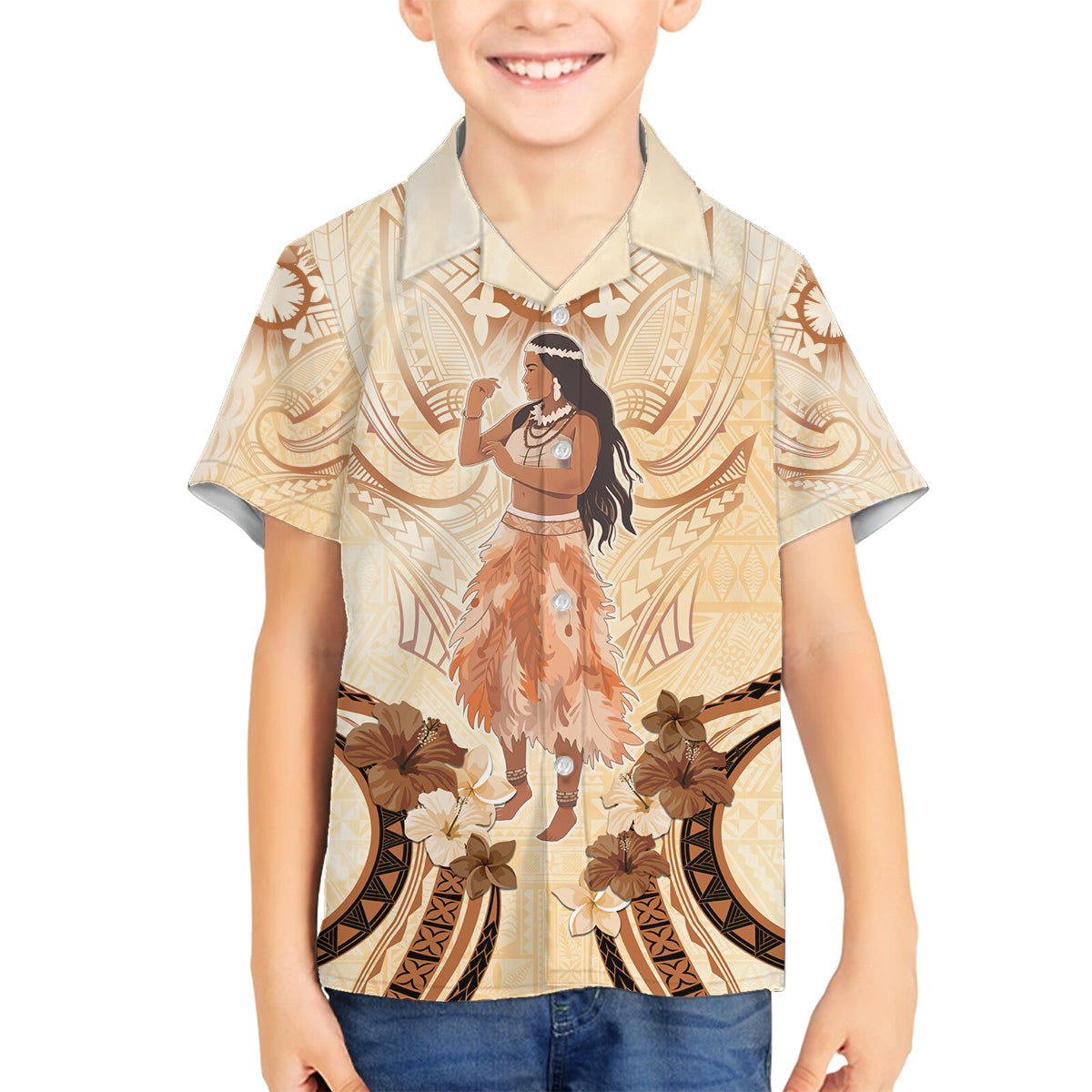 Tonga Women's Day Family Matching Off Shoulder Long Sleeve Dress and Hawaiian Shirt With Polynesian Pattern LT05 Son's Shirt Beige - Polynesian Pride